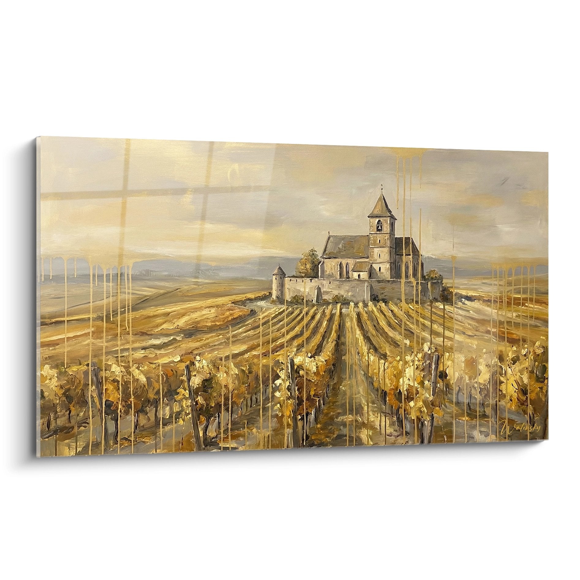 Tableau vignoble alsacien avec château médiéval entouré de vignes dorées d'automne sur toile décorative