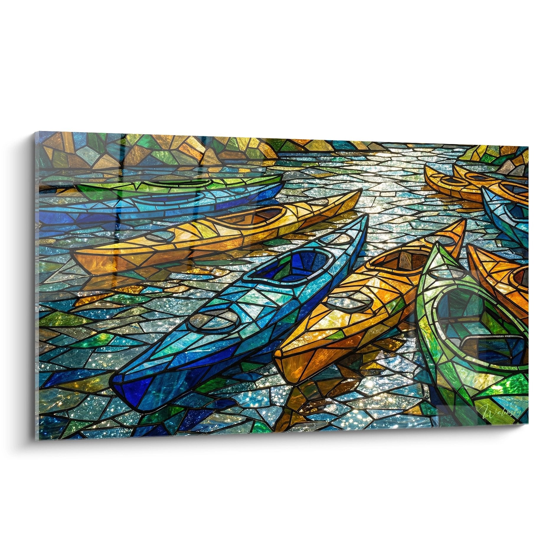 Tableau kayaks style vitrail avec embarcations colorees sur eau mosaique bleue et reflets dores