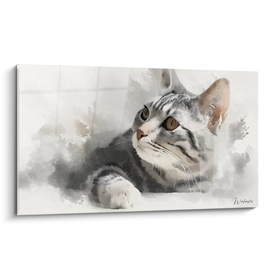 Schilderij Kat Maine Coon Aquarel - Contemplerende Blik - Editie Maine Coon