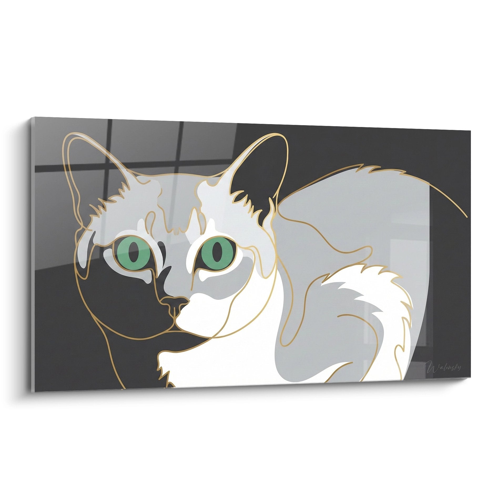 Tableau portrait artistique chat Burmilla aux yeux verts sur fond gris avec contours dorés