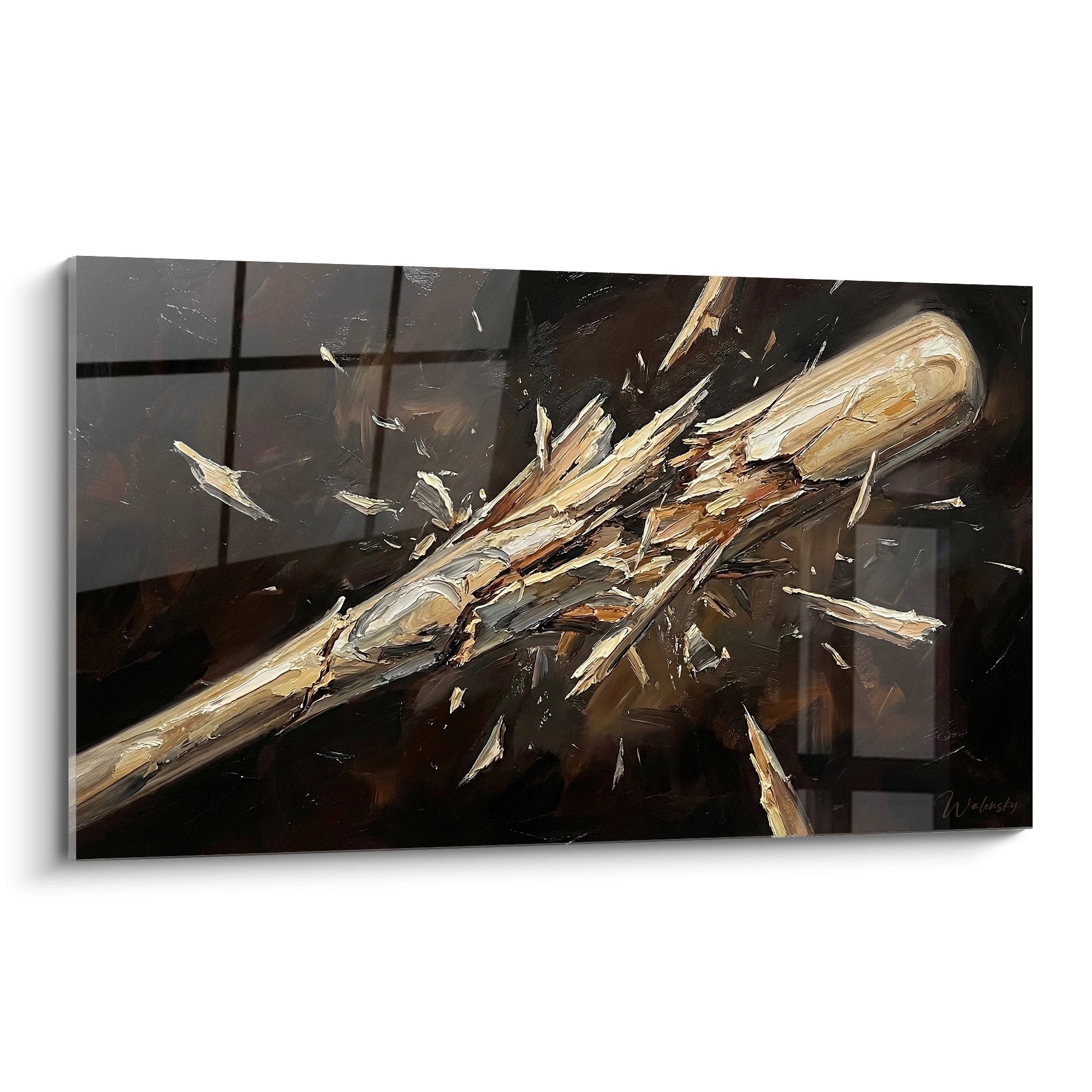 Tableau moderne representant une batte de baseball qui explose en eclats de bois sur fond sombre