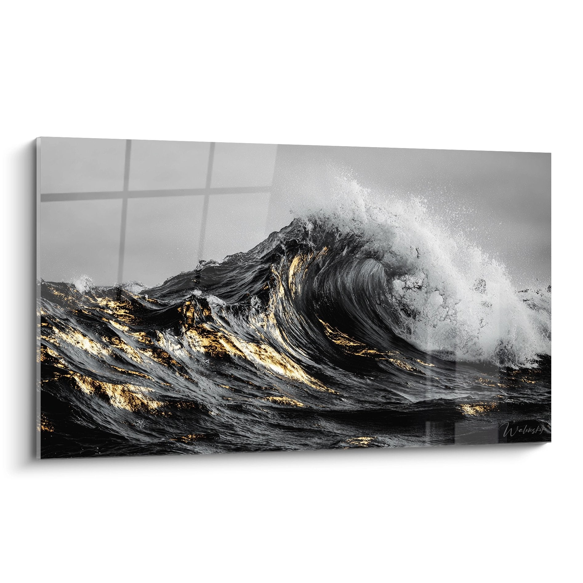 Tableau moderne vague puissante avec reflets dorés et écume blanche, art mural surf pour décoration
