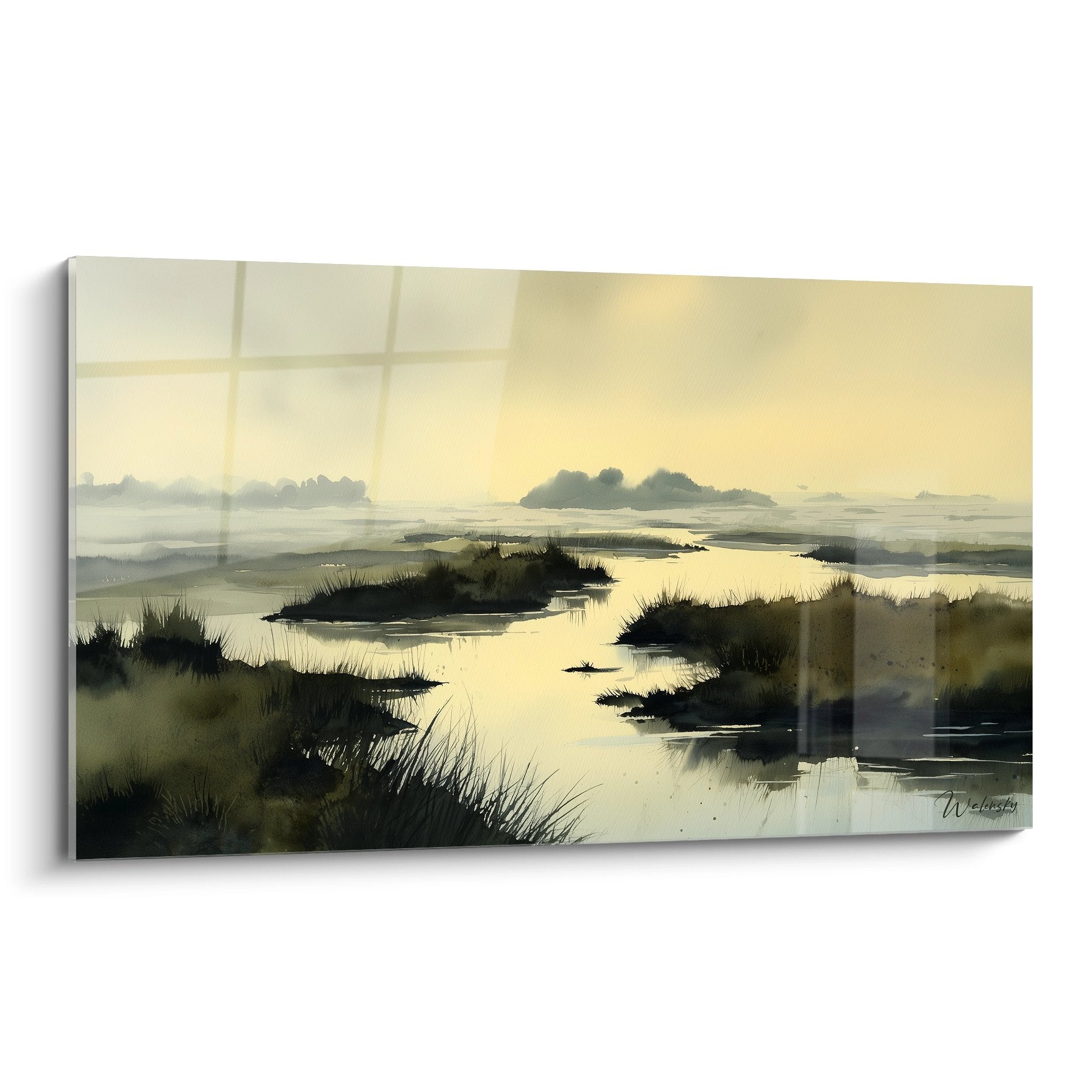 Tableau marais normands lumiere doree avec ilots verdoyants et roseaux reflets eau calme Normandie