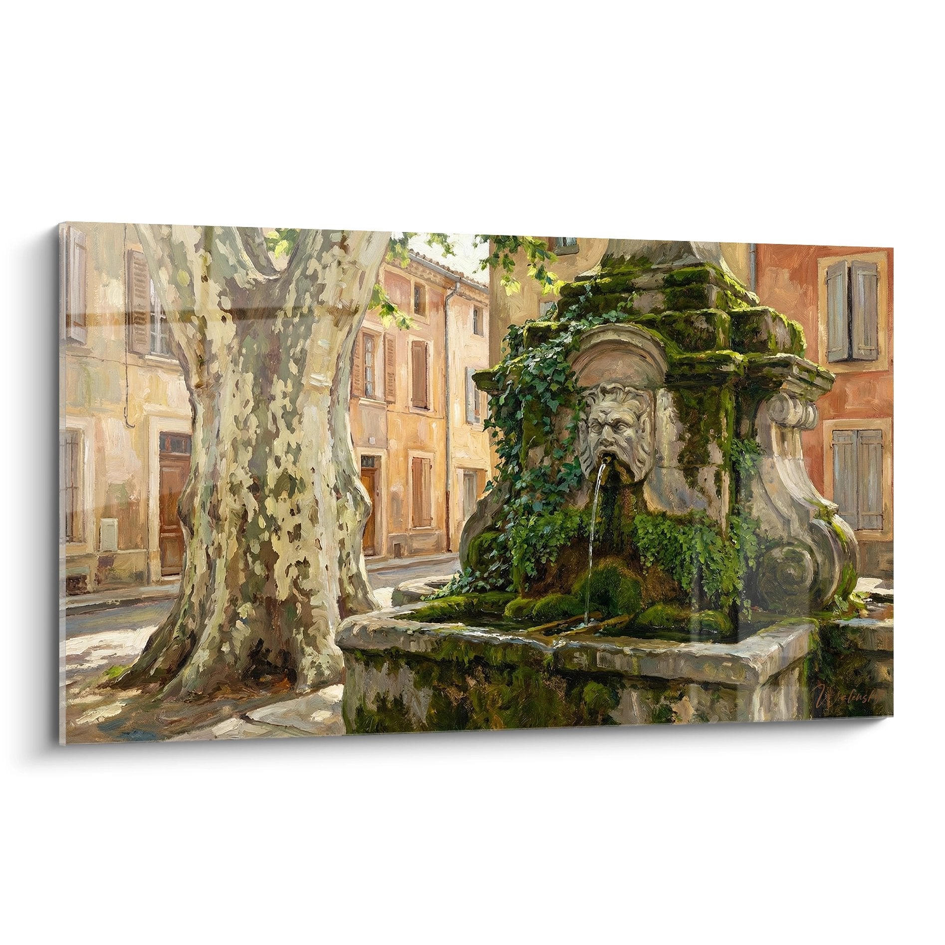 Tableau fontaine ancienne village provencal avec platane et maisons colorees style authentique Provence