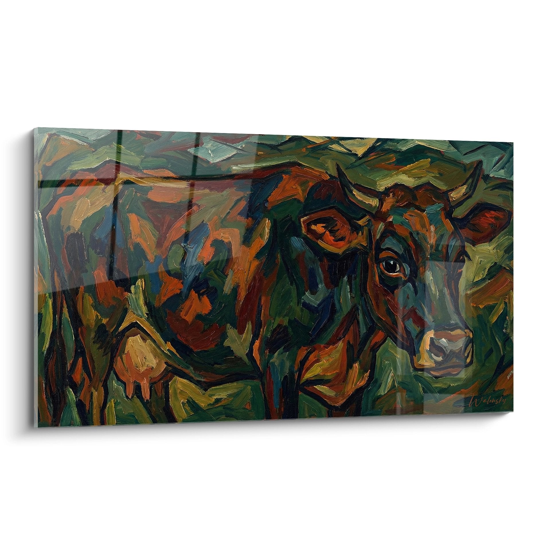 Tableau expressionniste de vaches aux couleurs vives, peinture murale style rural pour decoration interieure