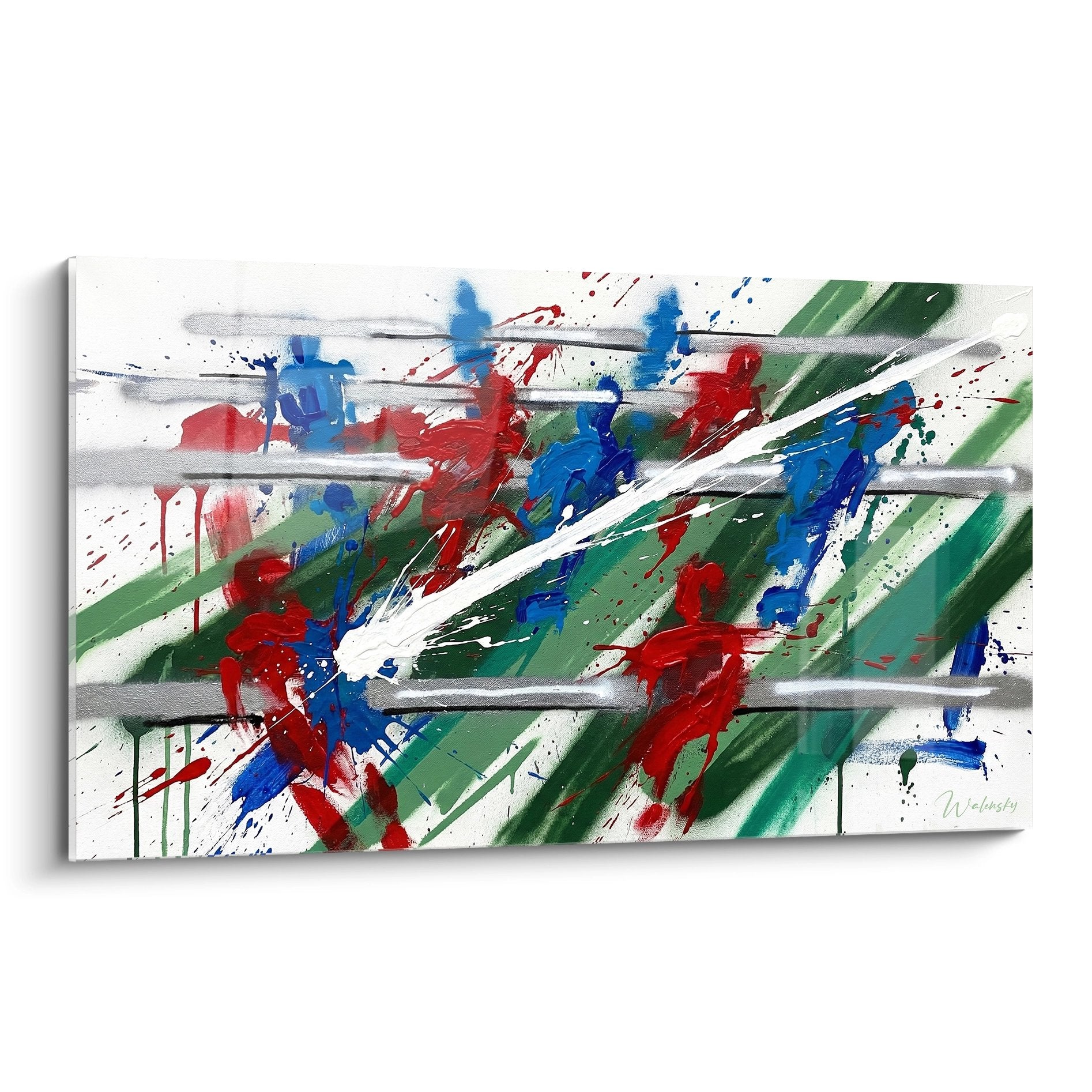 Tableau babyfoot abstrait avec eclaboussures rouge bleu vert et barres metalliques grises sur fond blanc