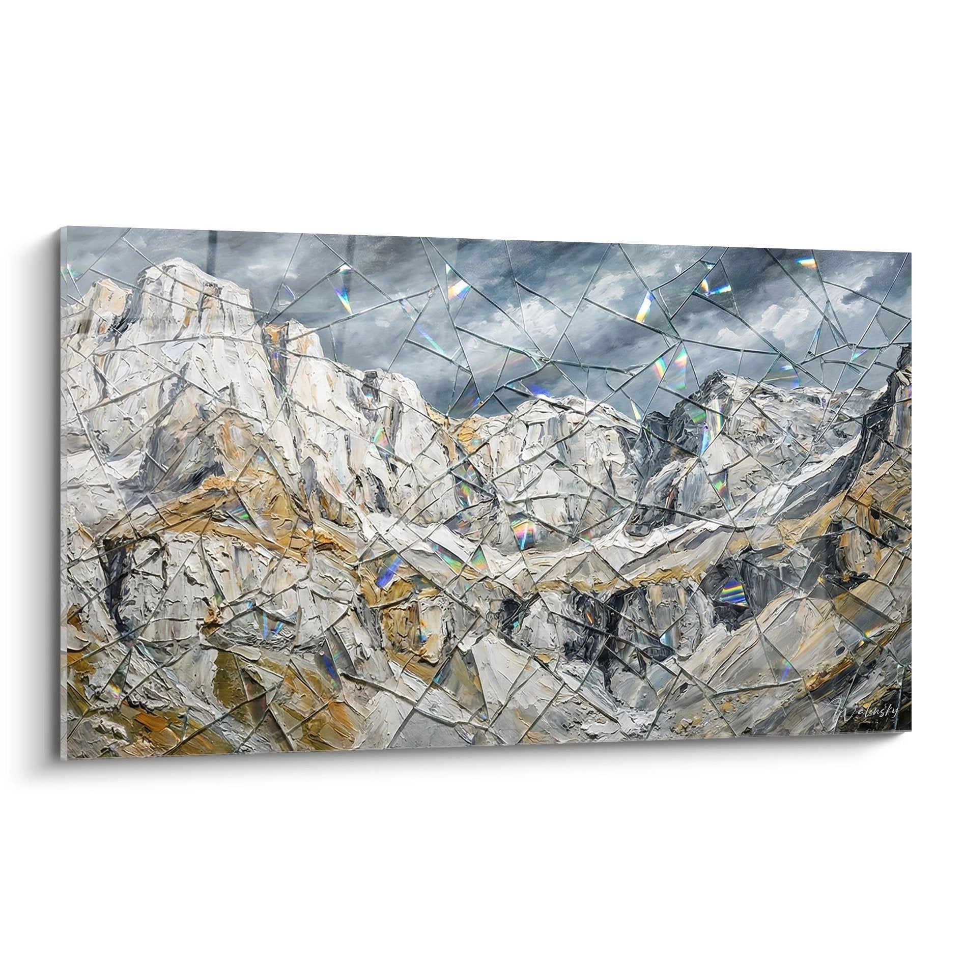 Tableau montagne fragmentée style prismatique avec sommets enneigés et effets géométriques colorés