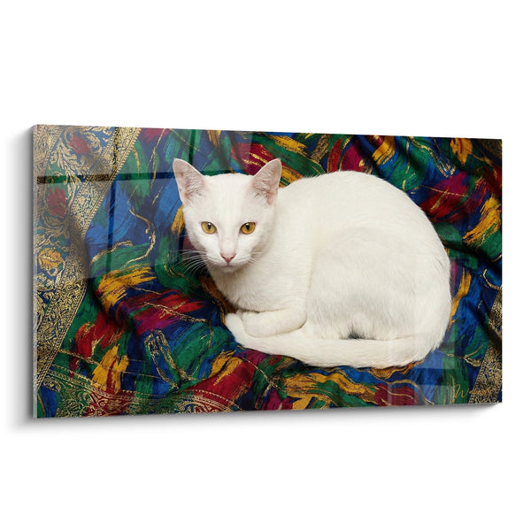 Schilderij Witte Kat met Gouden Ogen op Kleurrijk Weefsel - Oostelijke Elegantie - Editie Khao Manee kat