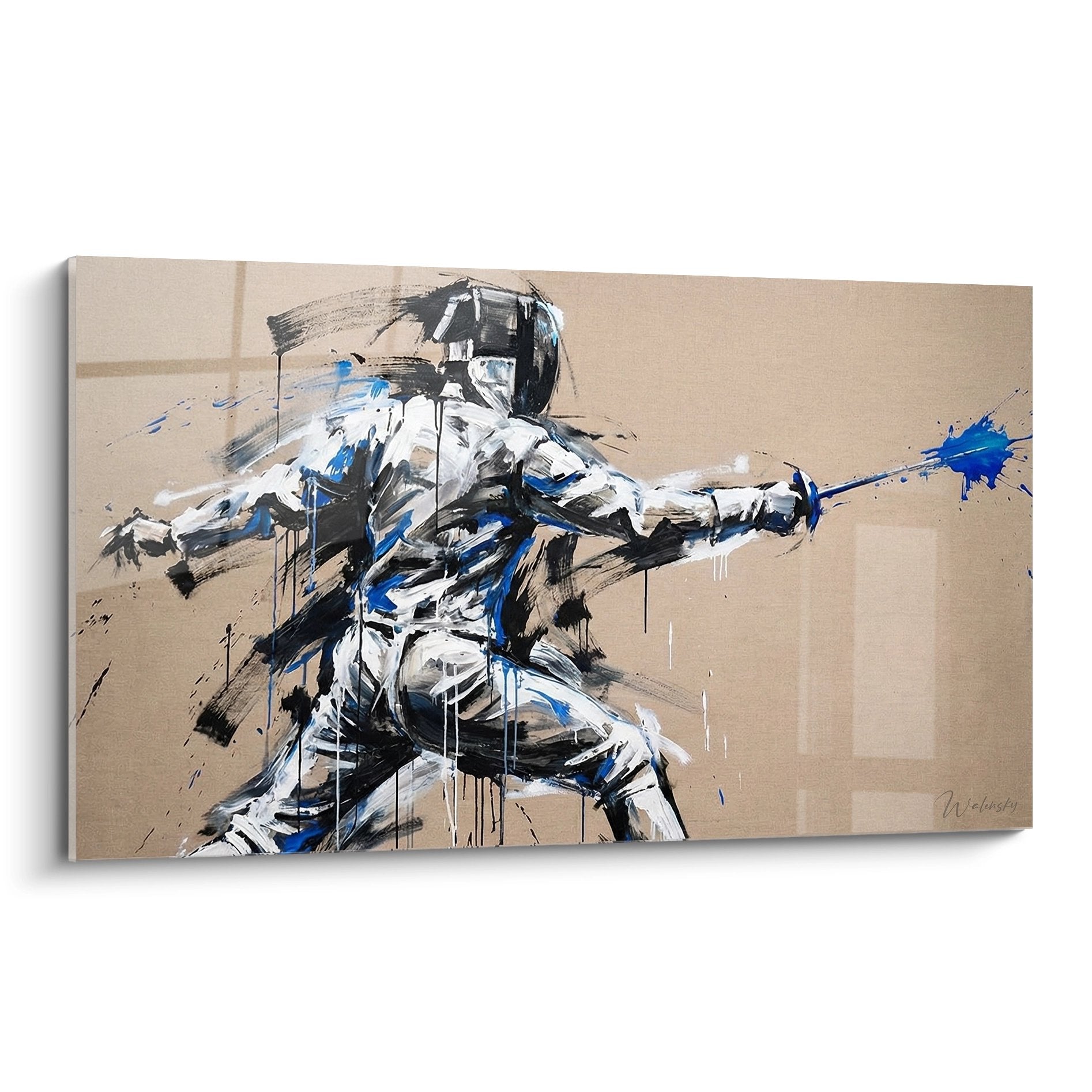 Tableau moderne d'un escrimeur en action, style expressionniste avec touches bleues sur fond beige