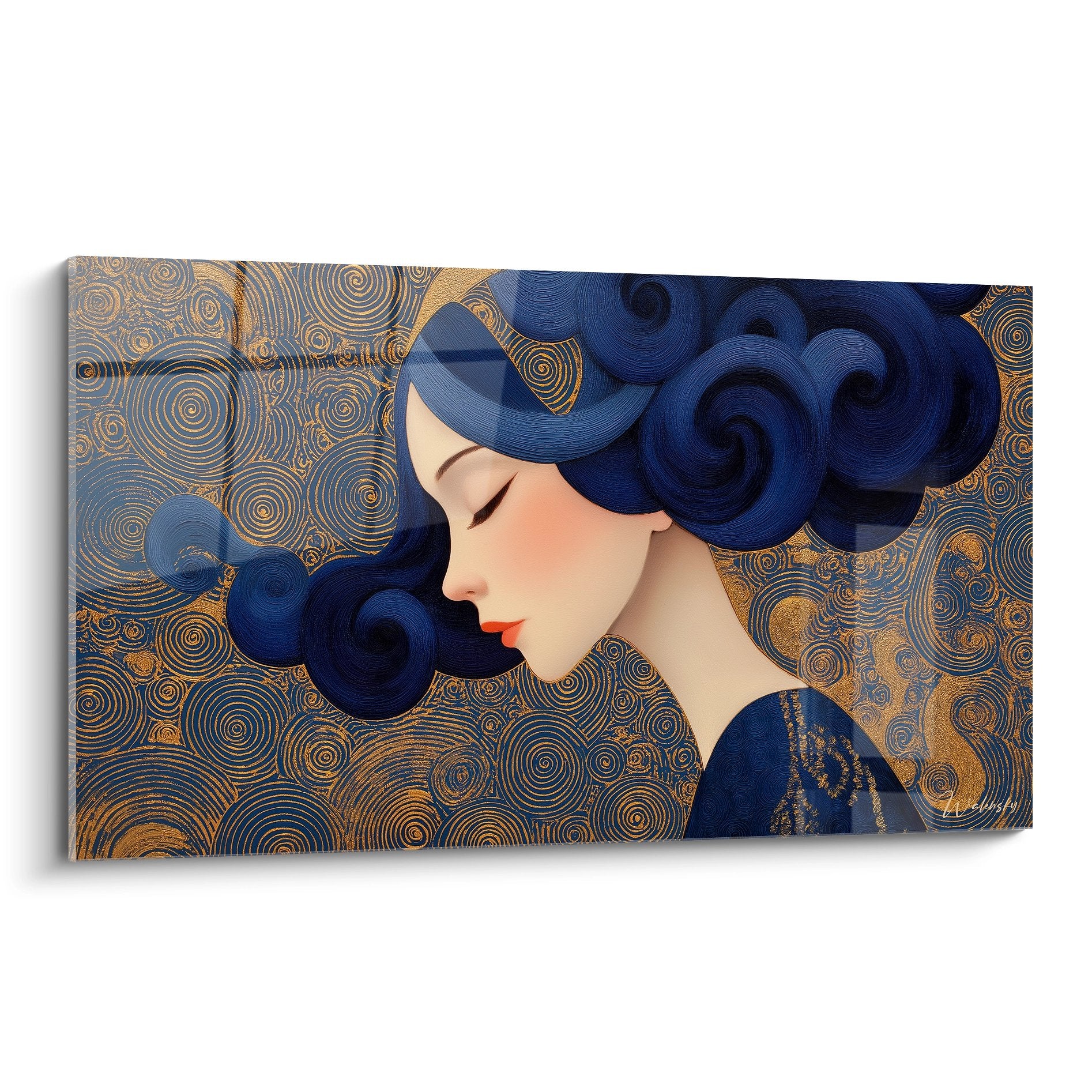 Tableau art déco femme élégante profil cheveux ondulés bleus fond motifs dorés spirales géométriques