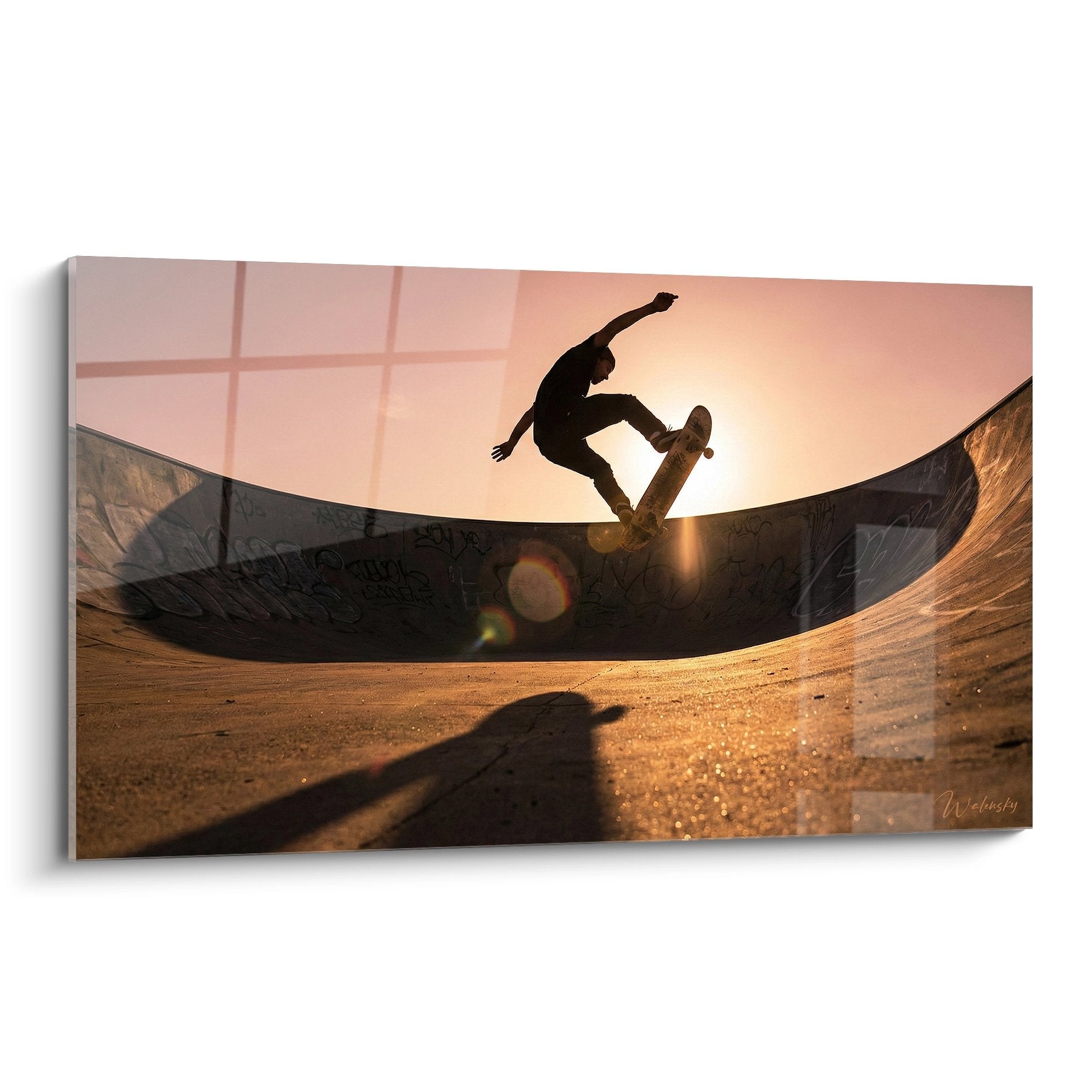 Tableau skateboard rider silhouette dans bowl au coucher soleil tons oranges art mural skate