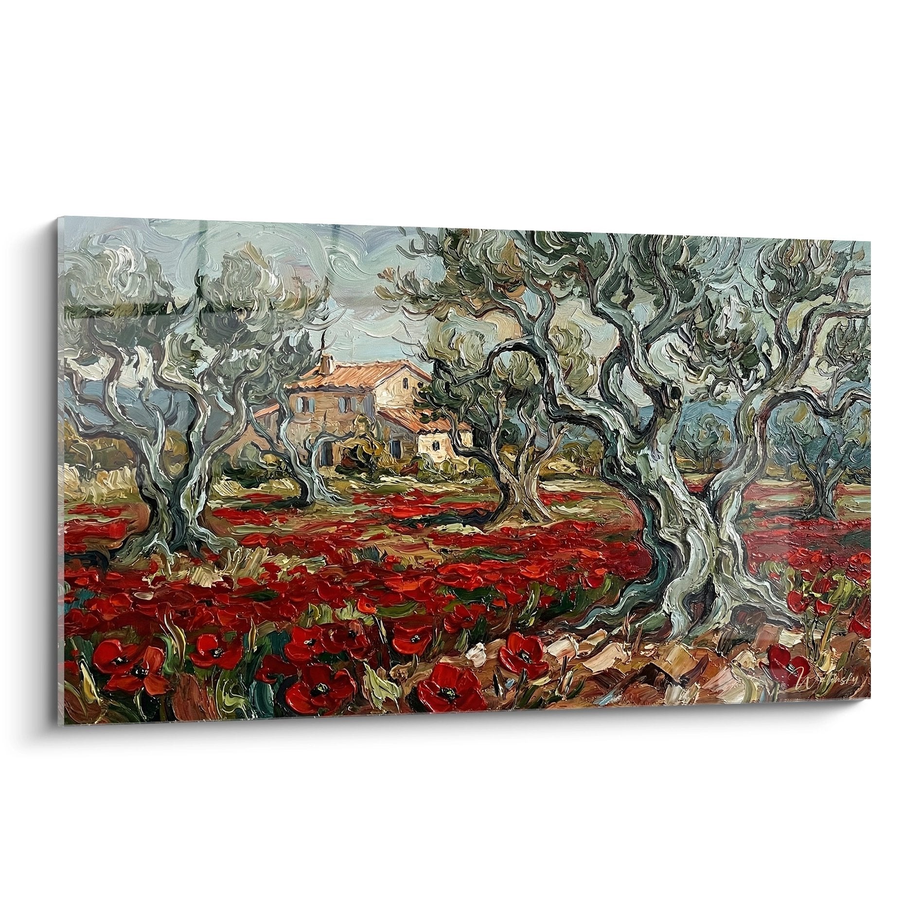 Tableau paysage Provence avec champ coquelicots rouges oliviers centenaires bastide traditionnelle décoration murale