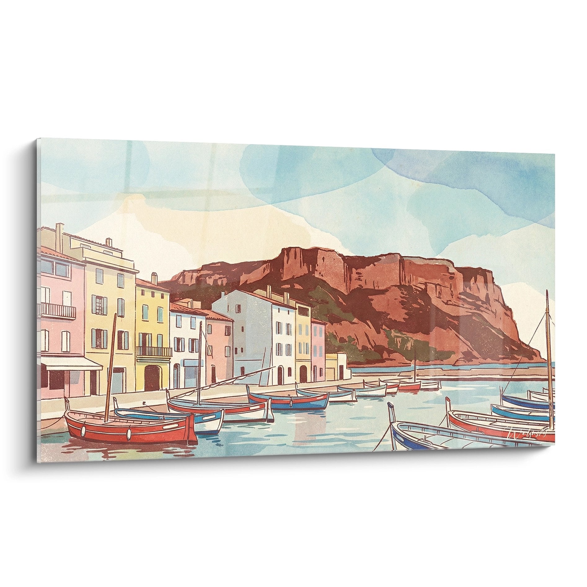 Tableau port provencal avec pointus colores et falaises ocre typiques de la cote mediterraneenne