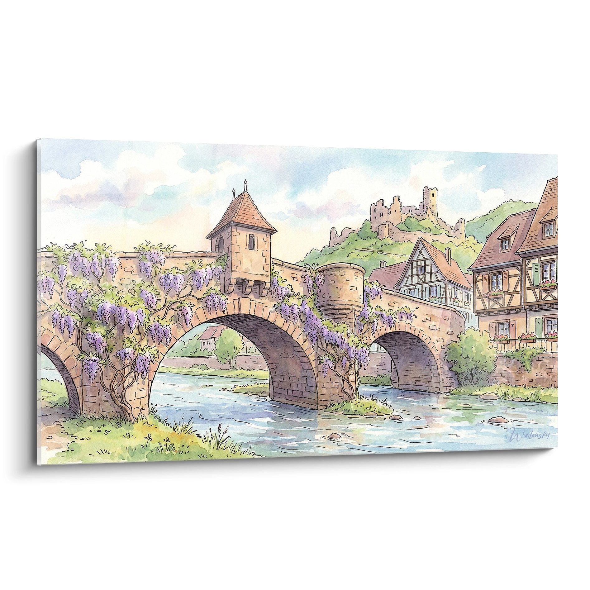 Tableau village alsacien avec pont de pierre, maisons a colombages et vignes fleuries en aquarelle douce