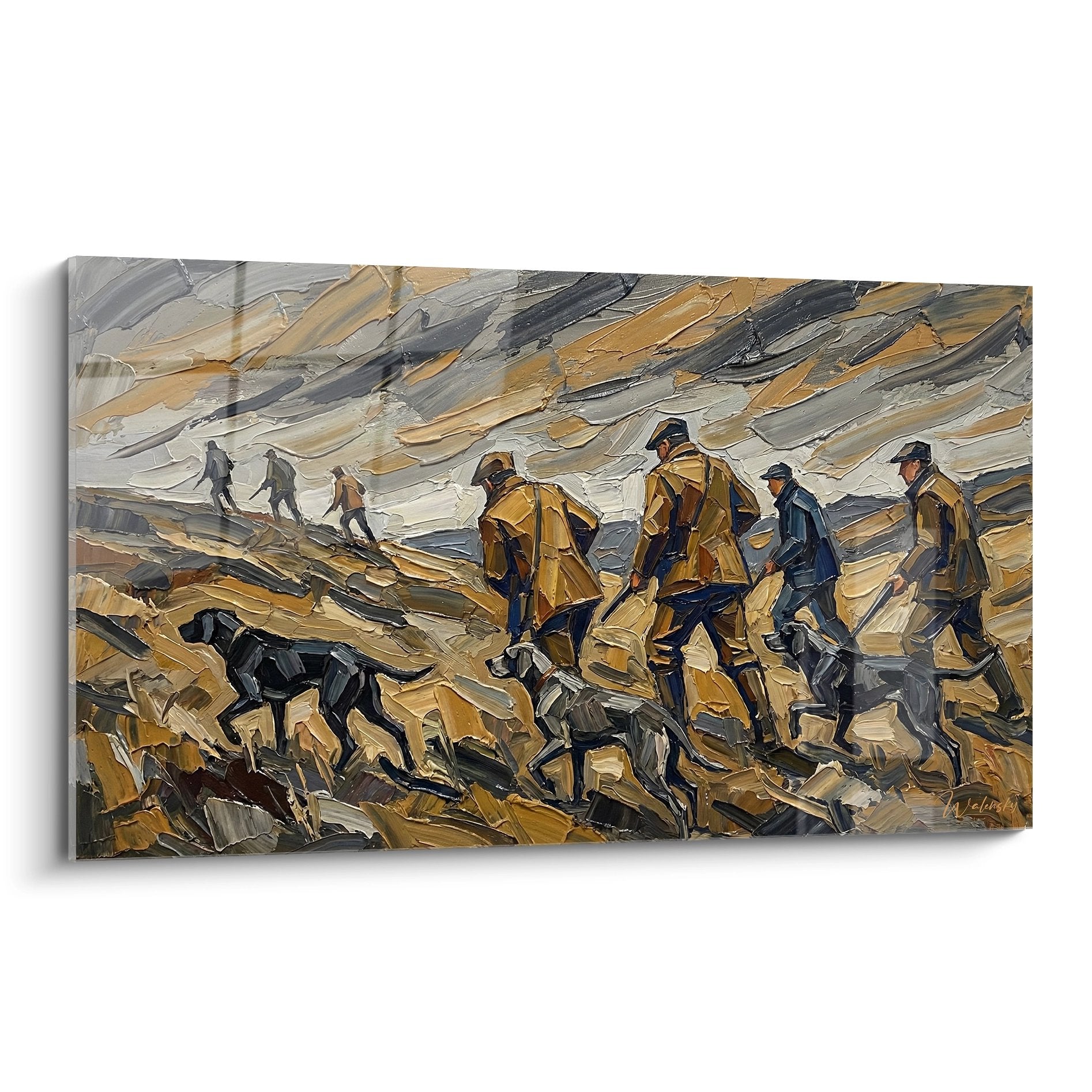 Tableau peinture chasseurs avec chiens en expedition montagne terrain rocailleux tons ocre brun