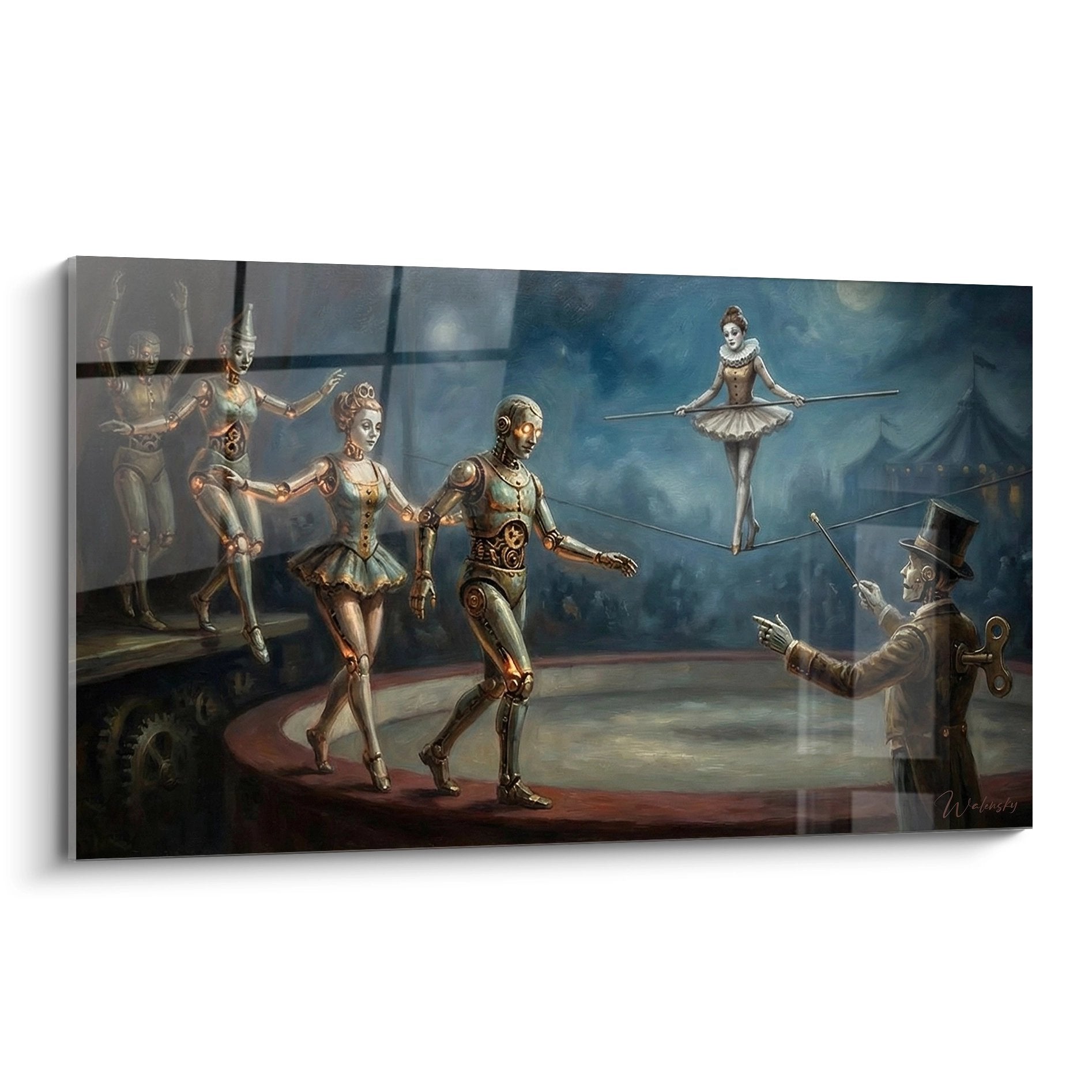 Tableau d'automates mécaniques dans un cirque steampunk avec funambule et danseurs robotiques