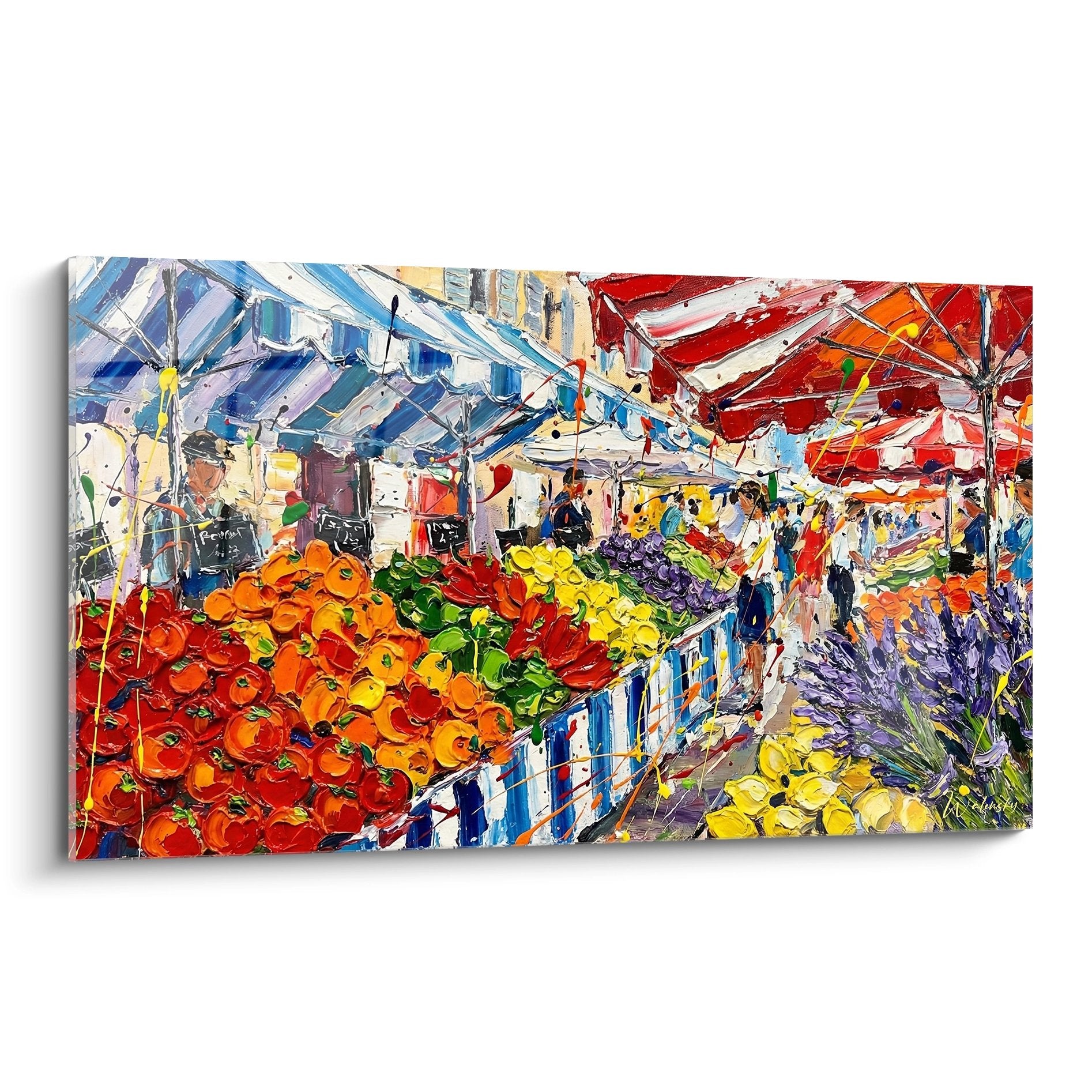 Tableau coloré représentant un marché provençal avec étalage de fruits et légumes sous parasols rayés