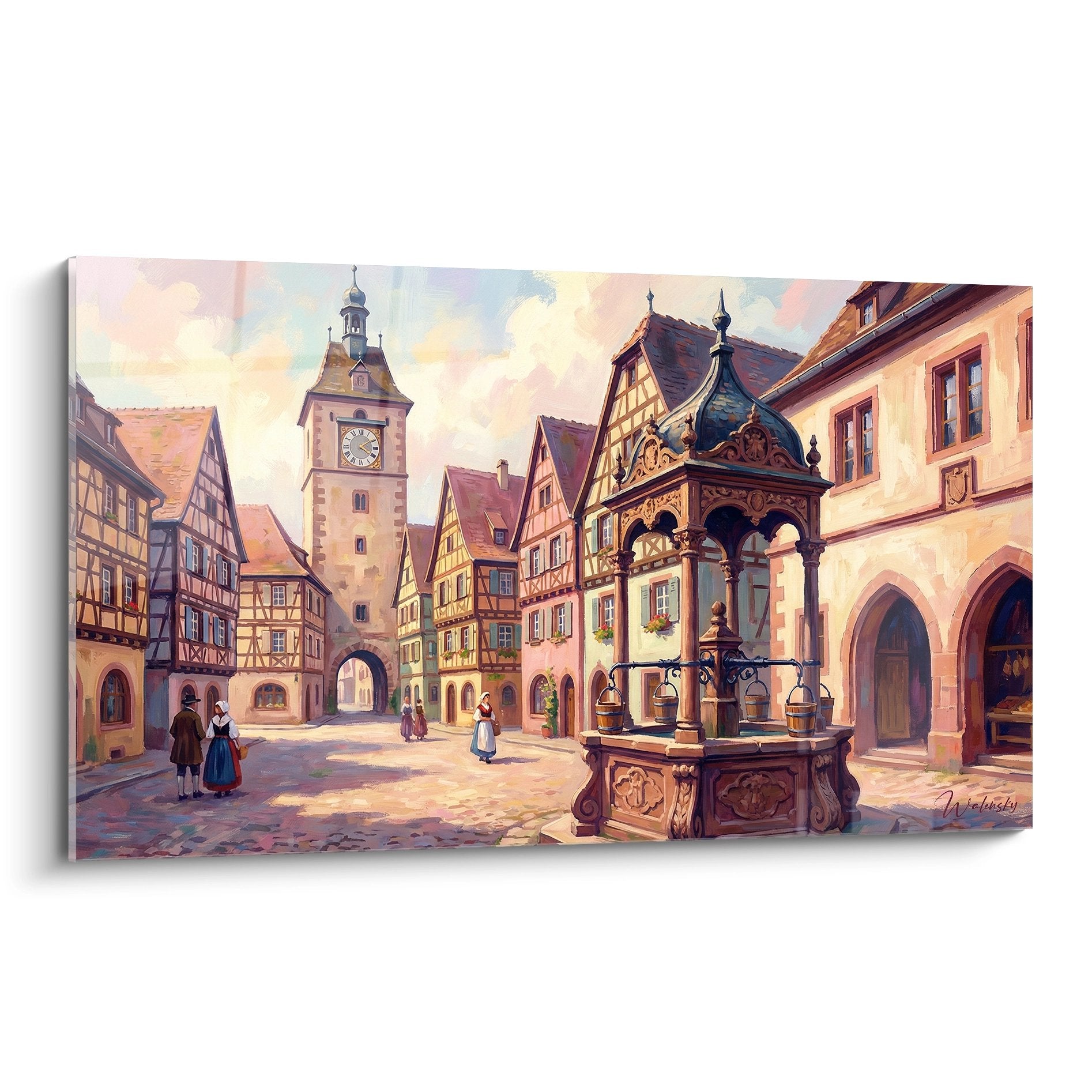 Tableau village alsacien avec maisons à colombages, fontaine Renaissance et tour horloge sur place médiévale