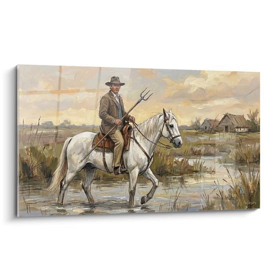 Tableau gardian camarguais a cheval blanc traversant les marais avec sa fourche, paysage authentique Camargue