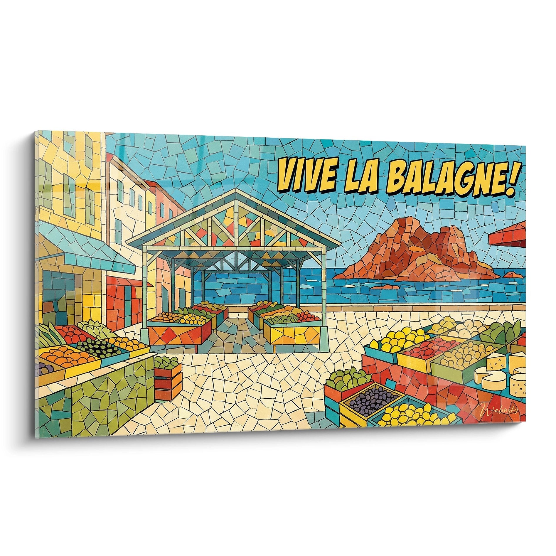 Tableau mosaïque représentant le marché de Balagne avec étals de fruits et village corse en arrière-plan