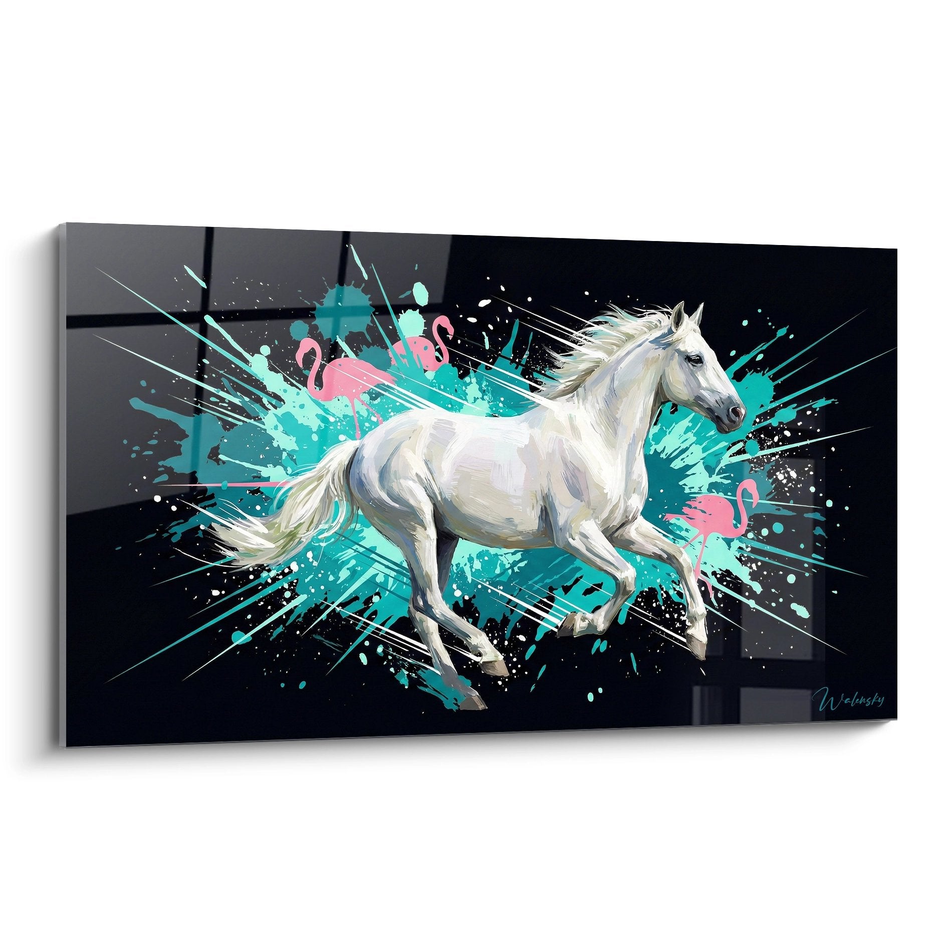 Tableau moderne cheval blanc galopant sur fond abstrait turquoise avec eclaboussures colorees