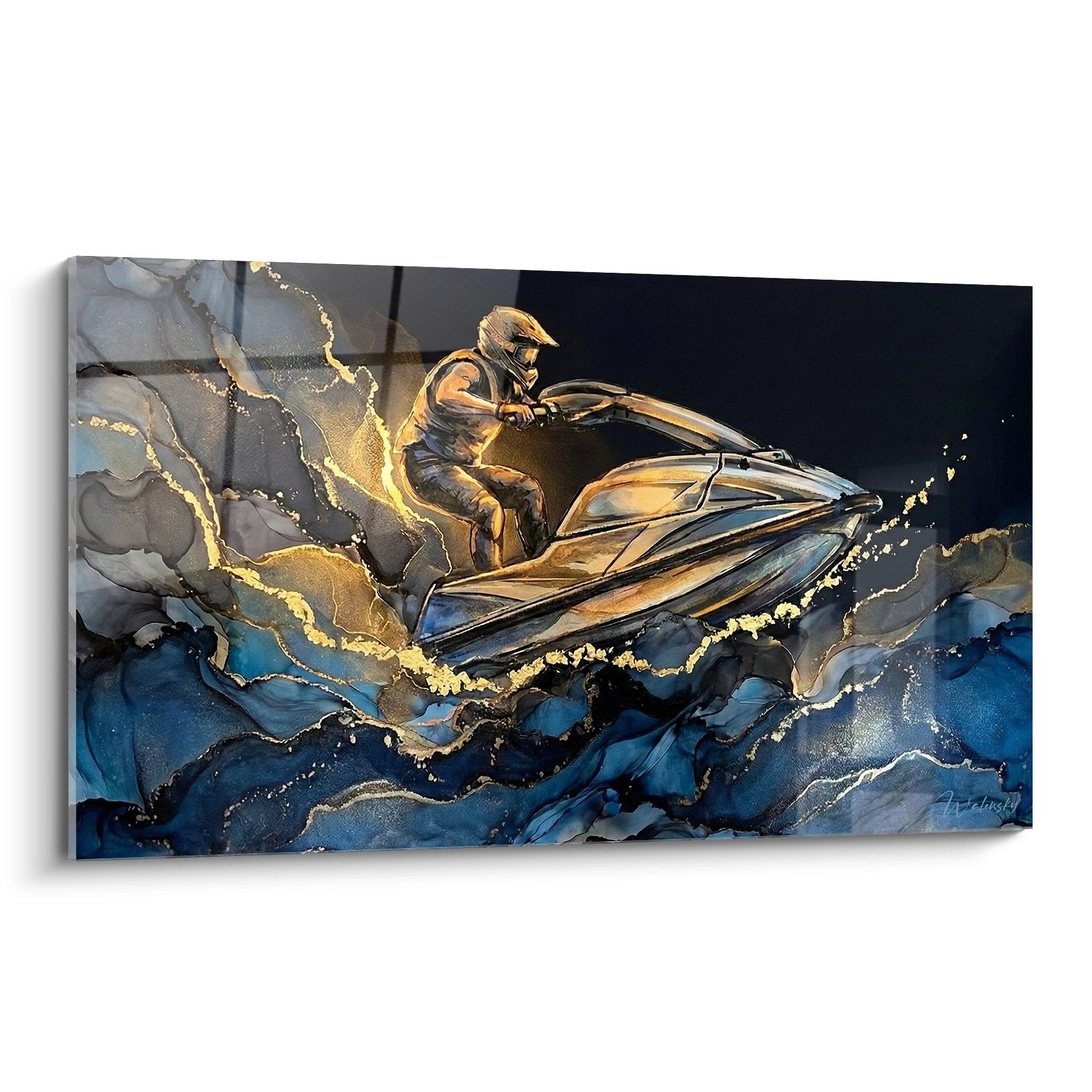 Tableau moderne jetski pilote en action sur vagues dorées art mural sports nautiques