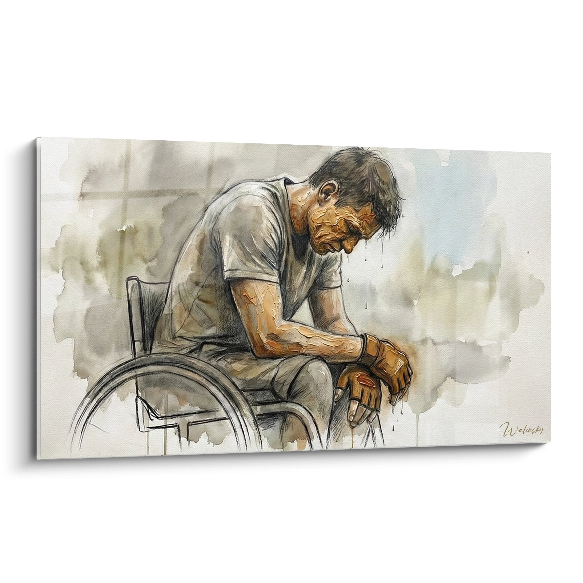 Tableau aquarelle d'un athlete paralympique en fauteuil roulant en position de meditation et reflexion sportive