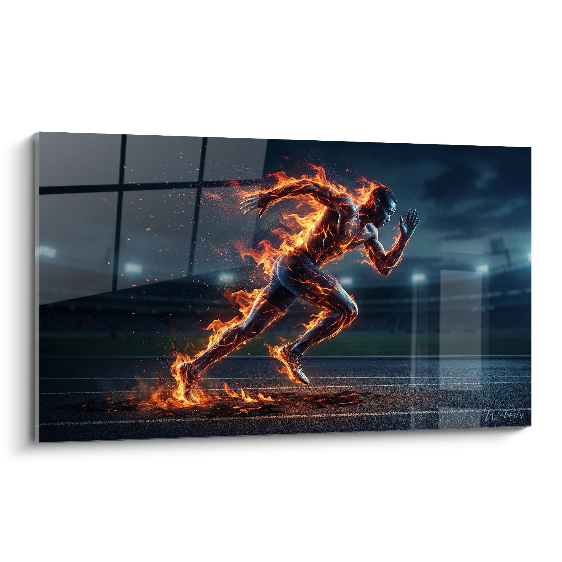 Tableau moderne d'un coureur entouré de flammes orange sur piste d'athlétisme nocturne, art mural sportif décoratif