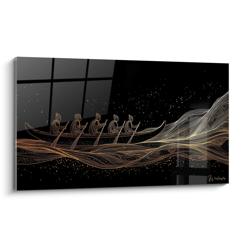 Stylized Rowing Team Painting - Golden Odyssey - Rafting Edition