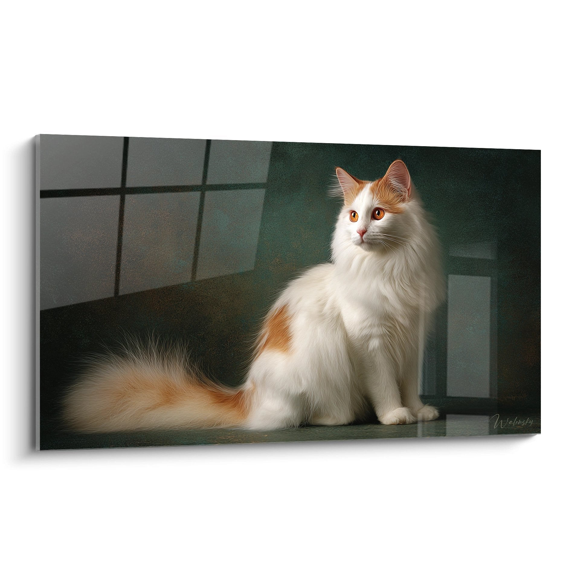 Tableau portrait chat Turkish Van blanc et roux aux yeux dores assis sur carrelage sombre decoration murale