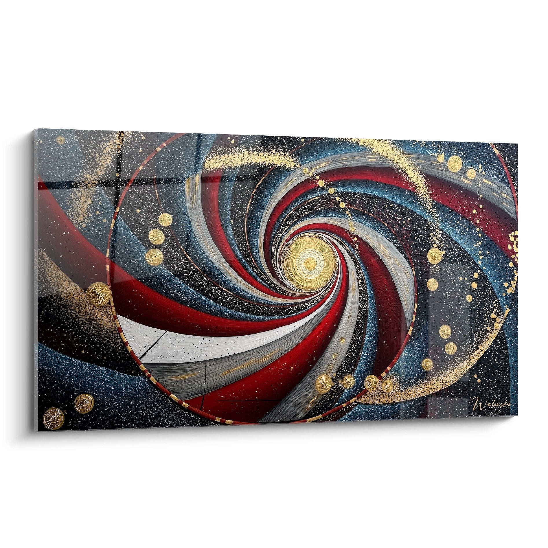 Tableau moderne spirale cosmique rouge bleu or sur toile, art mural contemporain tourbillon céleste