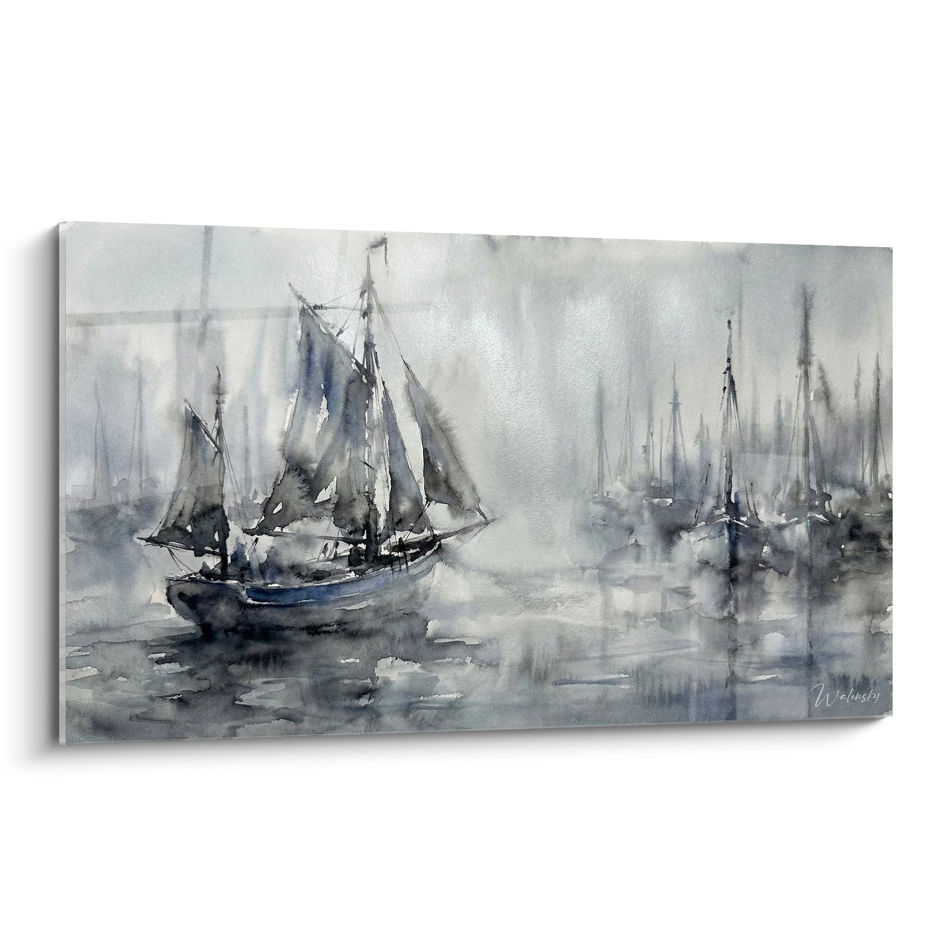 Aquarelle de bateaux de pêche normands dans un port brumeux avec voiles traditionnelles et mâts