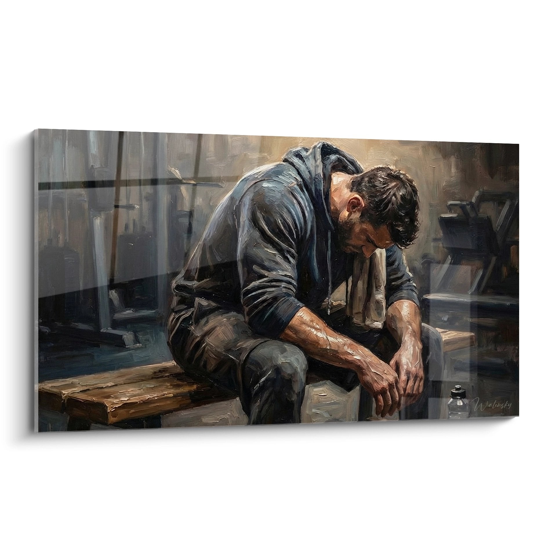 Tableau artistique représentant un menuisier concentré travaillant le bois dans son atelier traditionnel