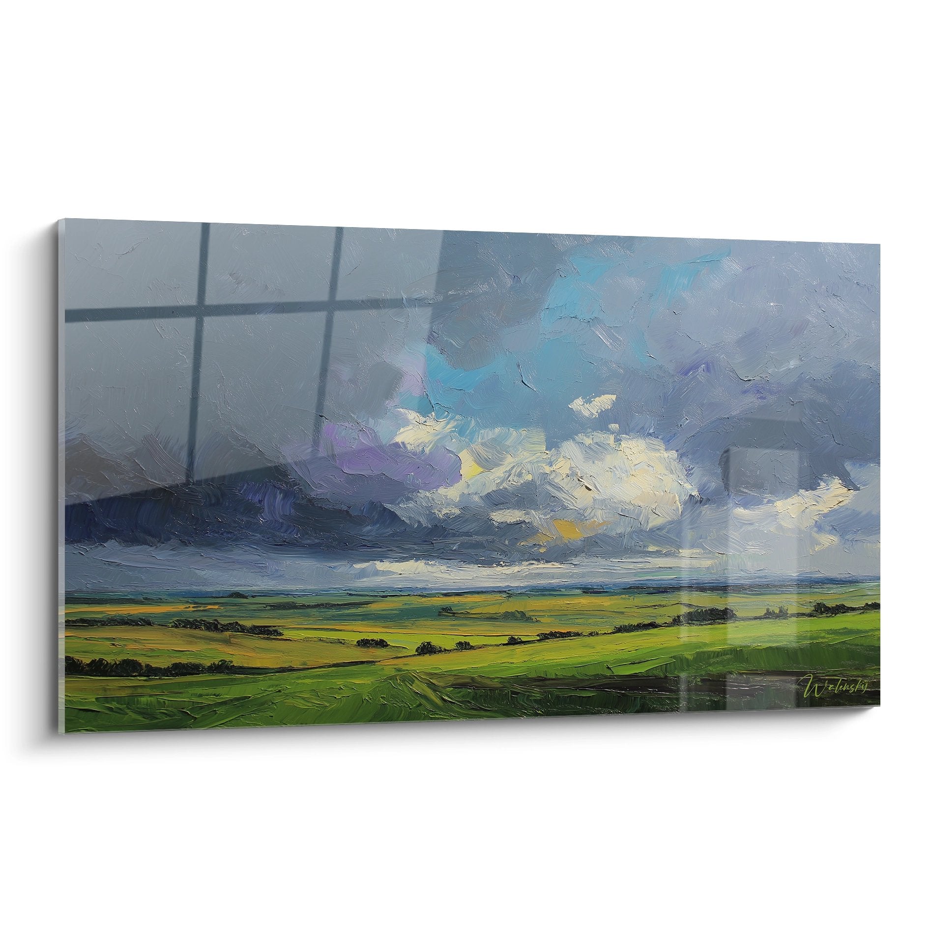 Tableau paysage normand avec champs verts sous ciel orageux bleu et violet, style impressionniste