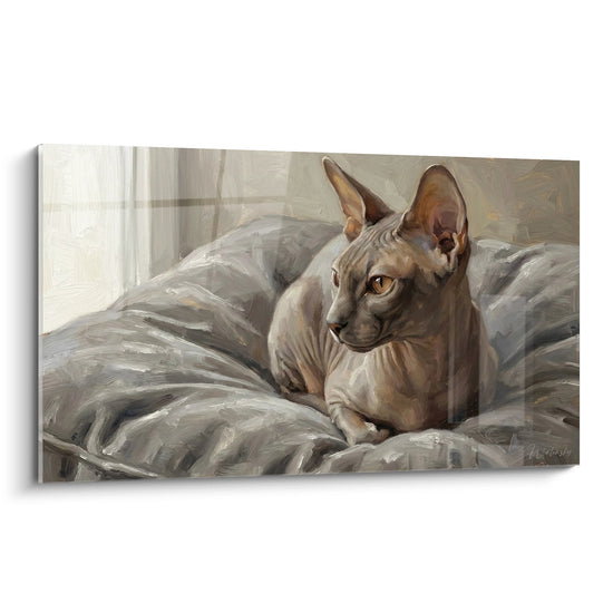 Cuadro Gato Sphynx Sobre Cojines Grises - Descanso Matutino - Edición gato Peterbald