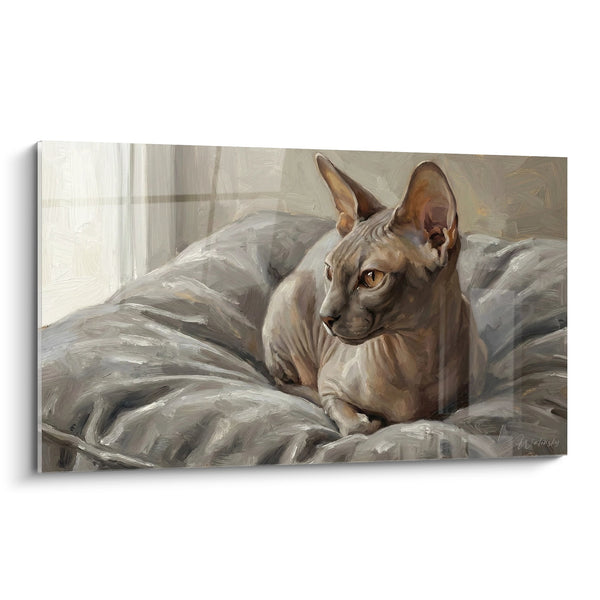 Cuadro Gato Sphynx Sobre Cojines Grises - Descanso Matutino - Edición gato Peterbald