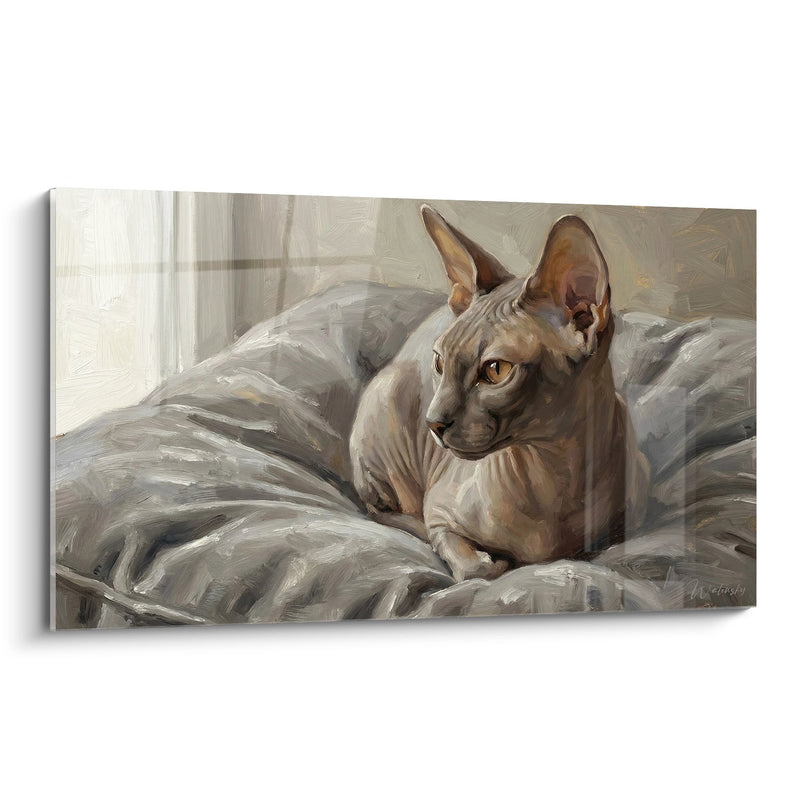 Tavolo Chat Sphynx su Cuscini Grigi - Repos Mattutino - Edizione gatto Peterbald