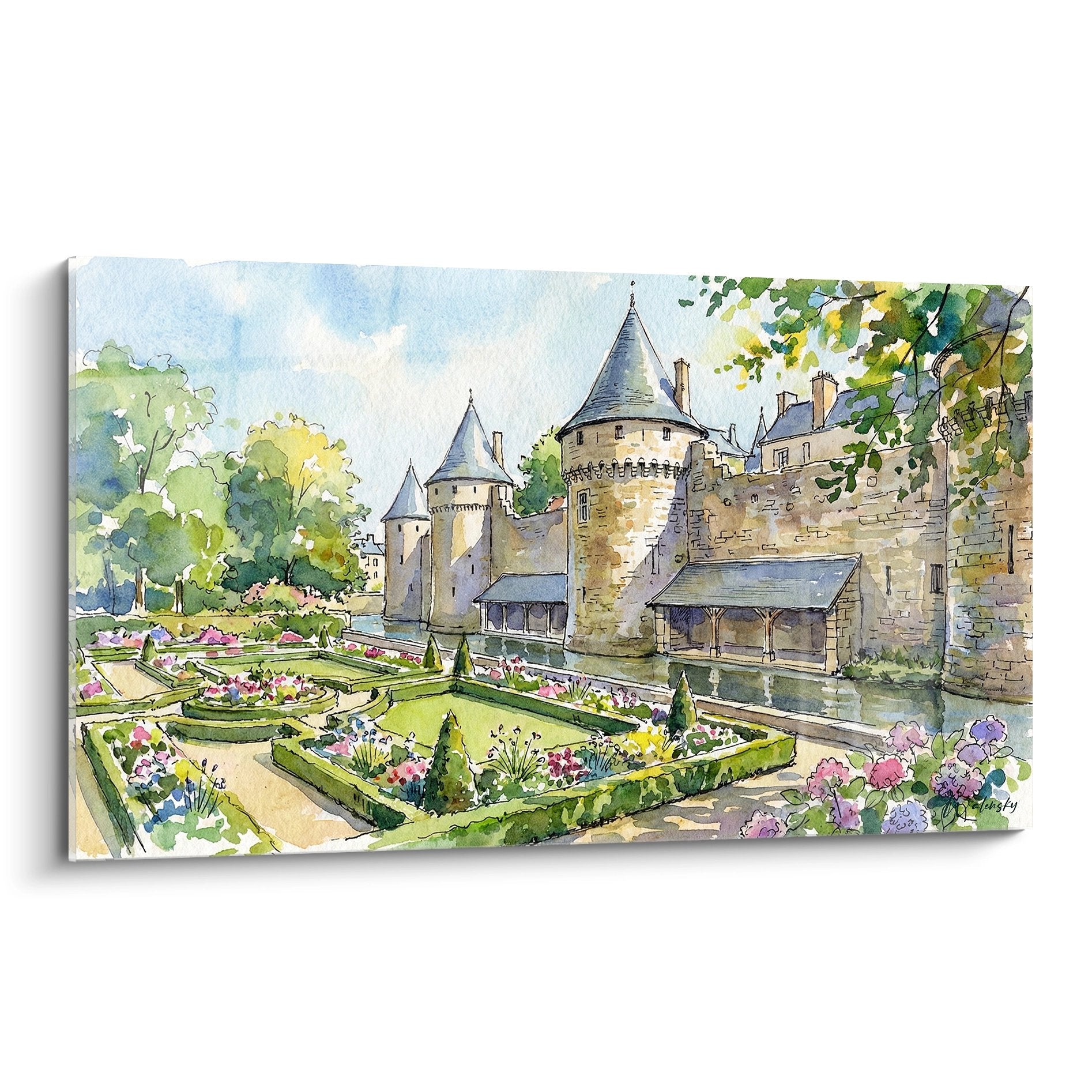 Aquarelle château médiéval breton avec tours rondes, jardins à la française et parterres fleuris - Edition Bretagne
