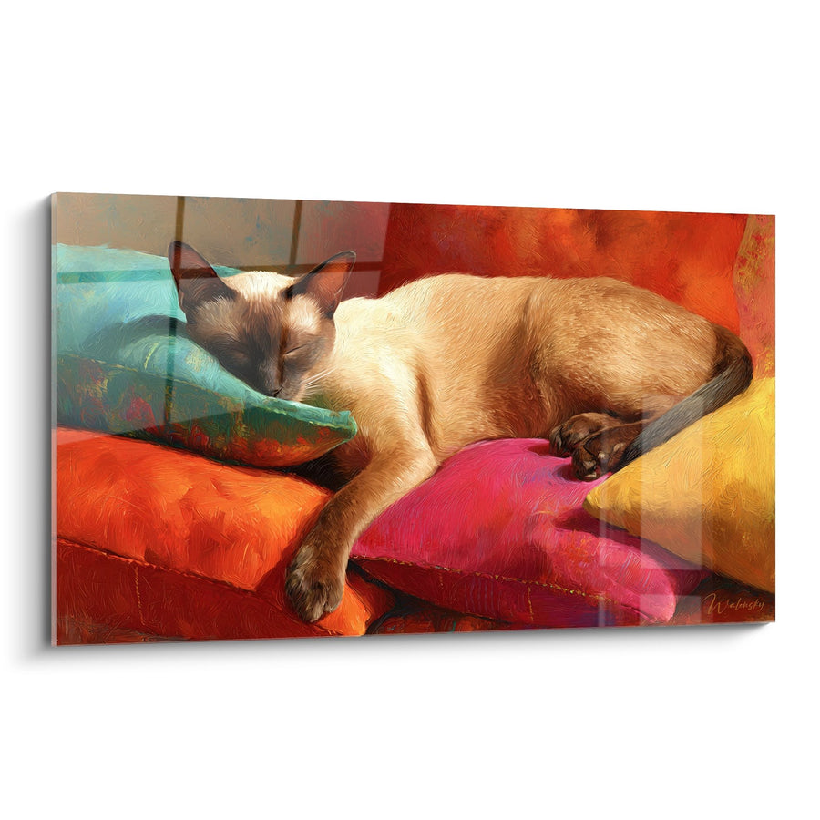 Tableau Chat Tonkinois Endormi - Sérénité sur Coussins Colorés - Edition chat Tonkinese