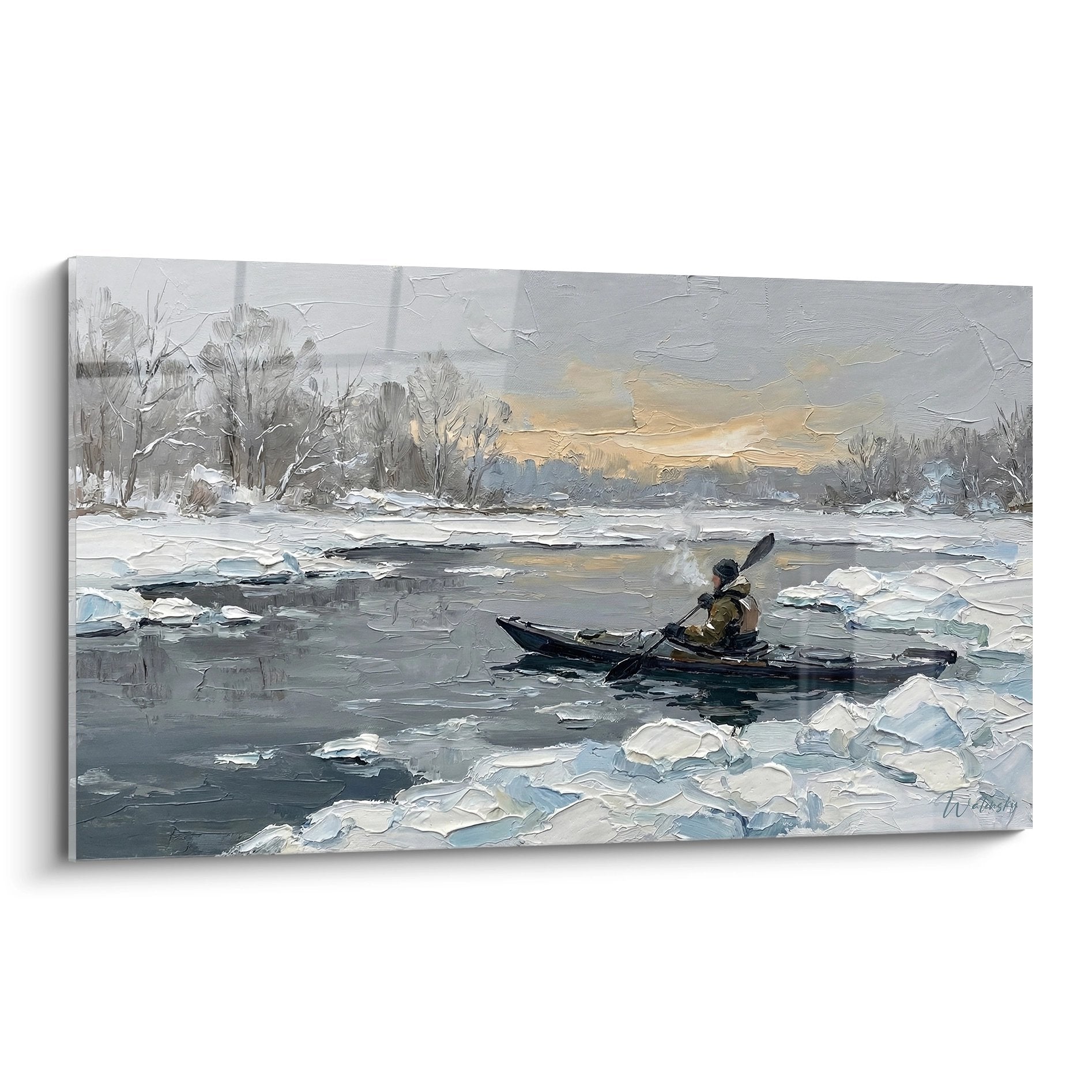 Tableau representant un kayakiste naviguant sur des eaux glacees en hiver avec glace flottante et paysage enneige