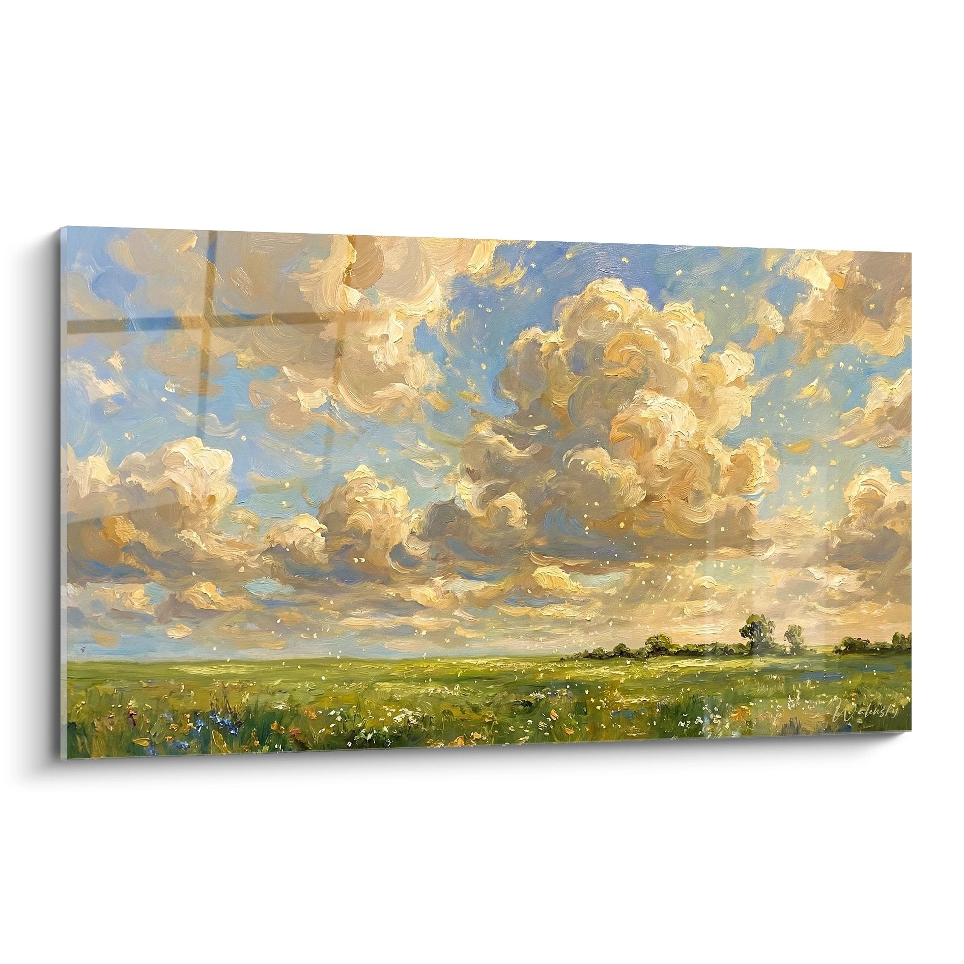 Tableau paysage normandie avec ciel dramatique aux nuages dores et prairie verte style impressionniste