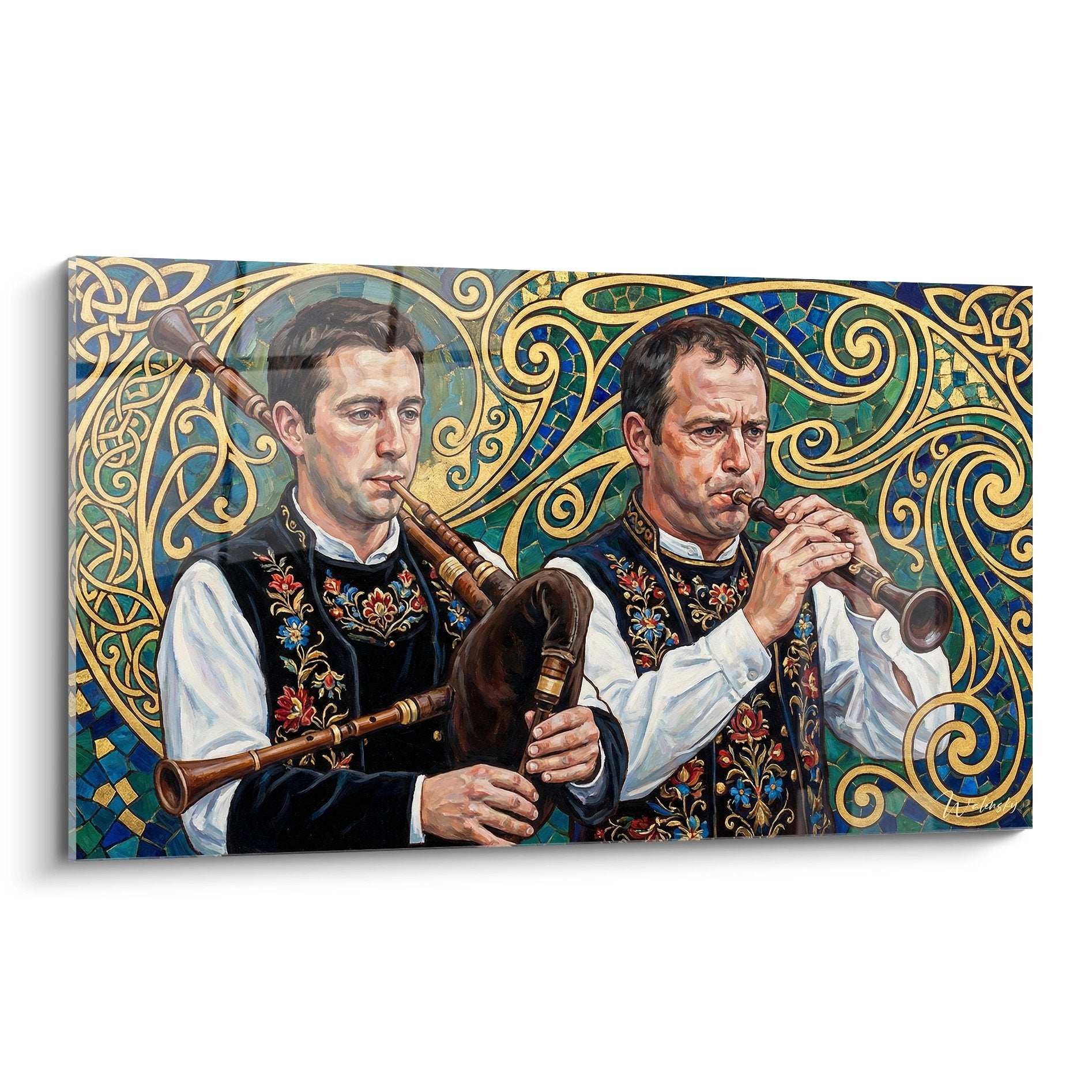 Tableau representant deux sonneurs bretons en costume traditionnel jouant bombarde et biniou avec motifs celtiques