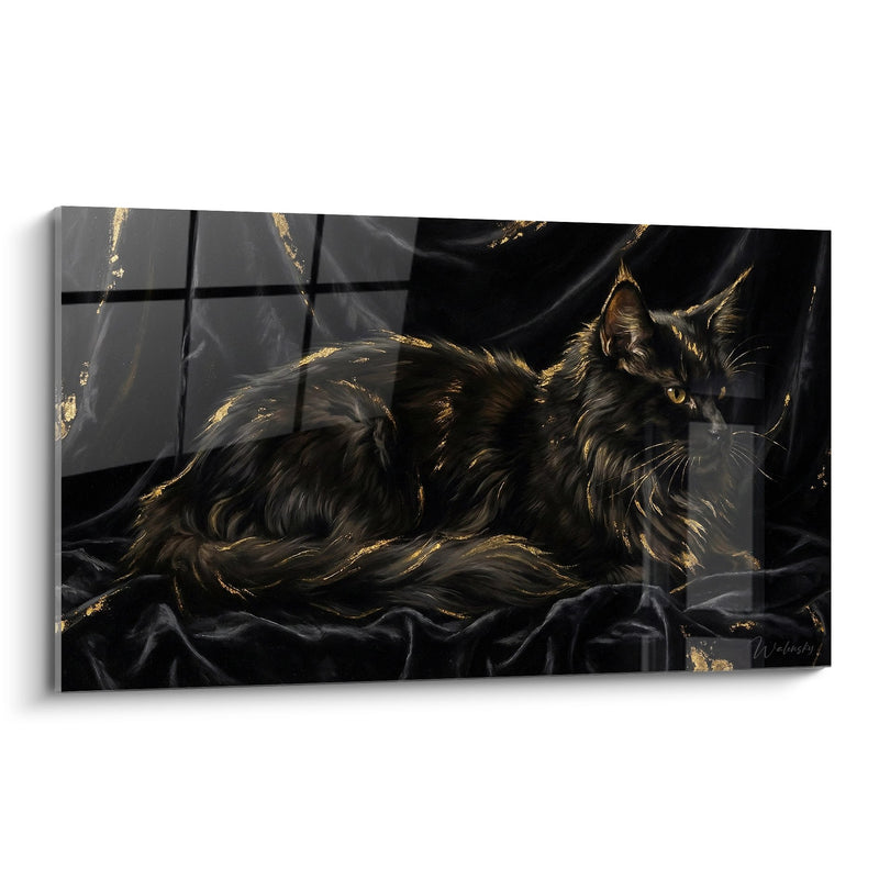 Maine Coon Gemälde Schwarz und Gold - Luxuriöse Feline Eleganz - Maine Coon Katzen Edition