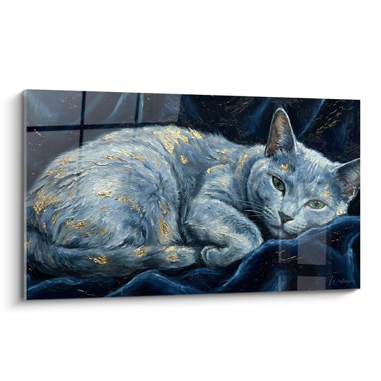 Tableau Chat Russian Blue Endormi - Reflets Dorés - Edition chat Russian Blue