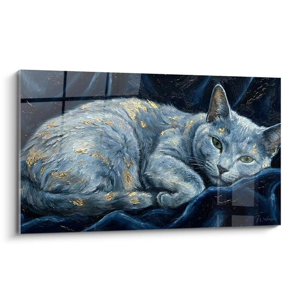 Tableau Chat Russian Blue Endormi - Reflets Dorés - Edition chat Russian Blue