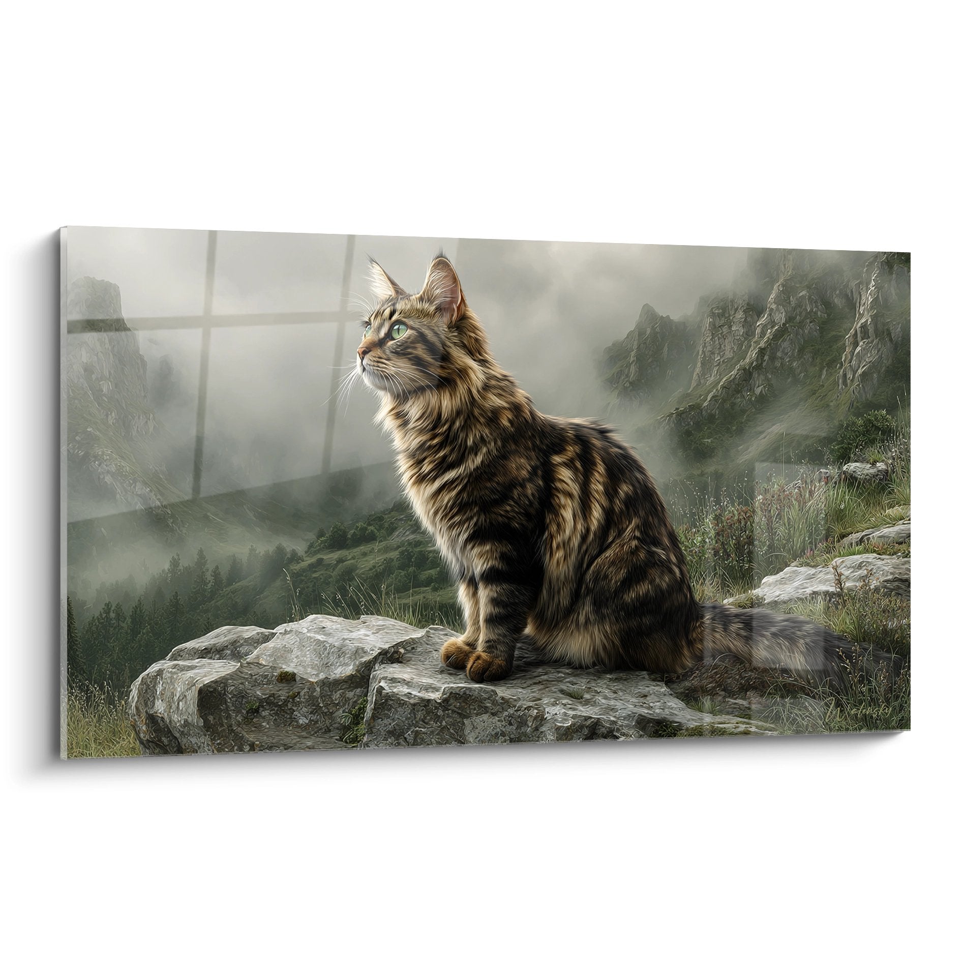Tableau chat American Bobtail tabby assis sur rocher dans paysage montagnard brumeux, regard contemplatif