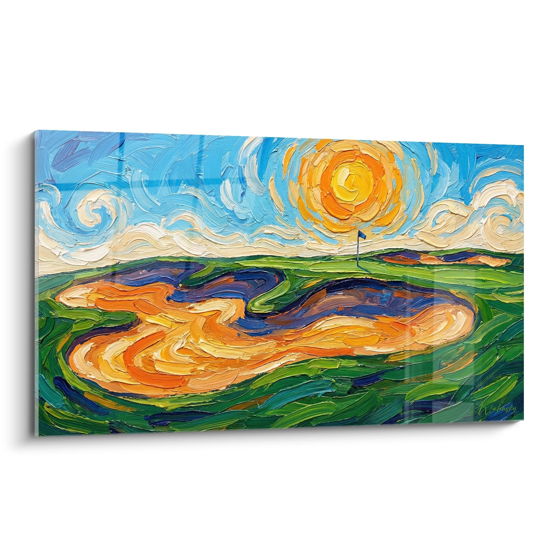 Tableau golf style impressionniste avec parcours ondulant, bunkers orange et ciel tourbillonnant bleu