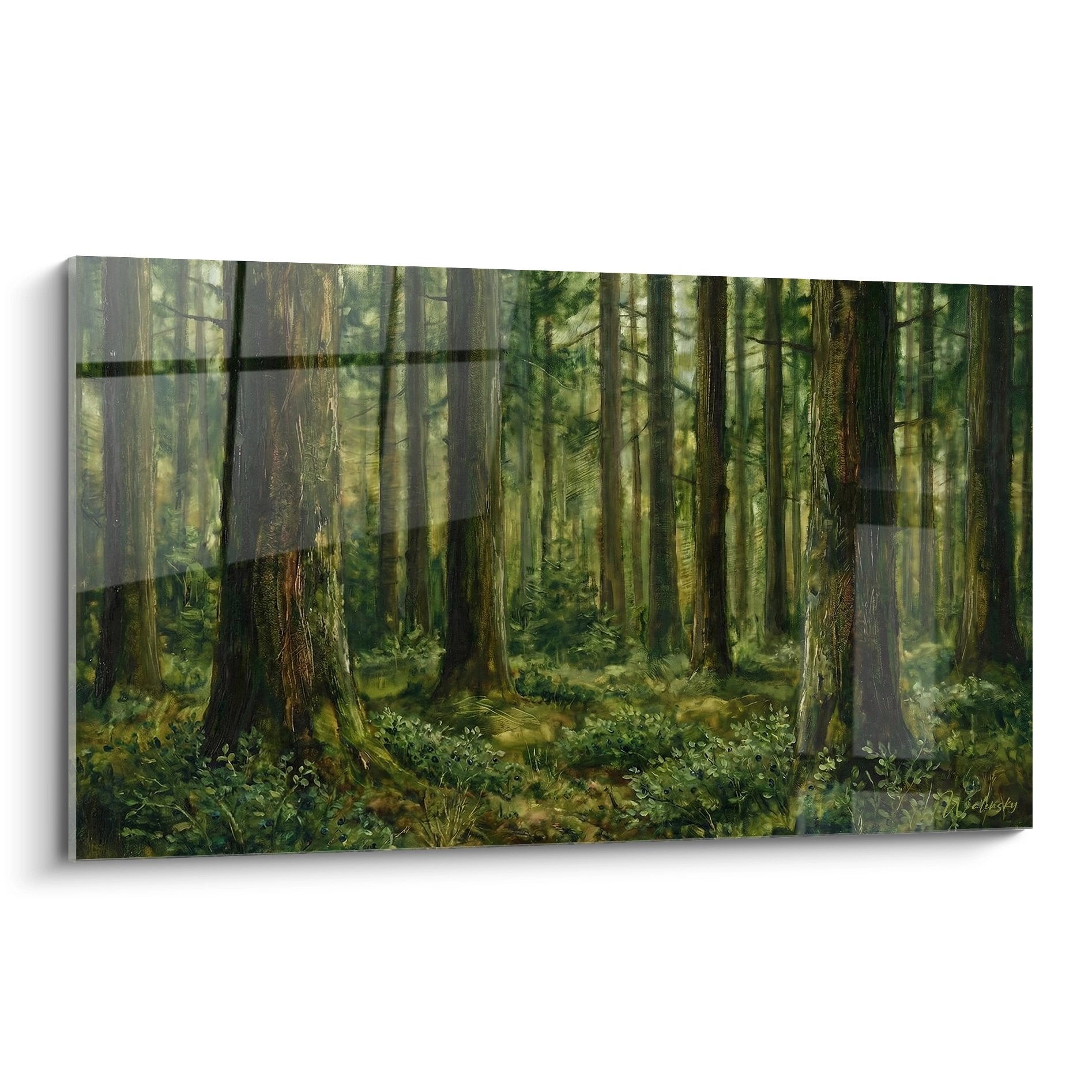 Tableau foret de coniferes des Vosges avec lumiere doree filtrant entre les troncs d'epiceas et sapins