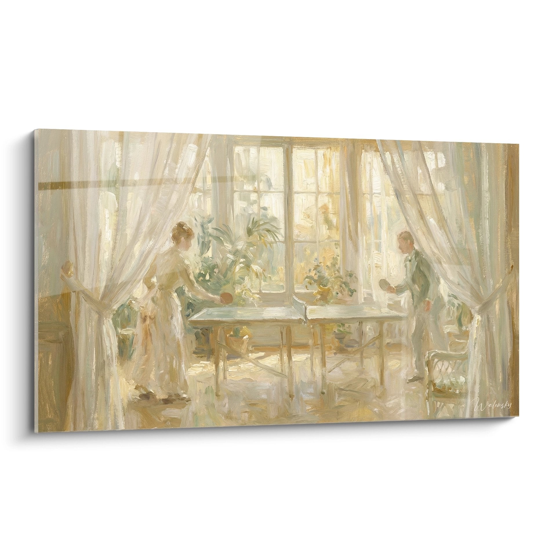 Tableau intérieur bourgeois avec deux femmes près d'une fenêtre lumineuse aux rideaux blancs