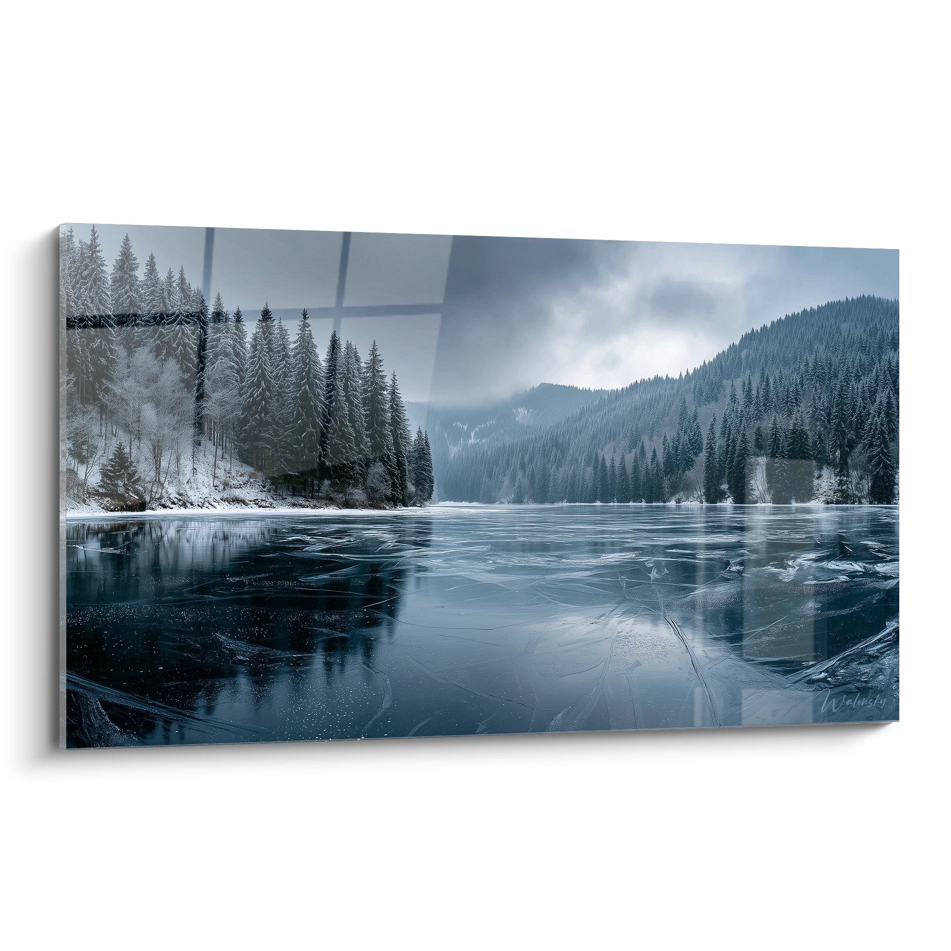 Tableau lac gele Vosges avec foret sapins enneiges et reflets glace montagne hiver paysage nature